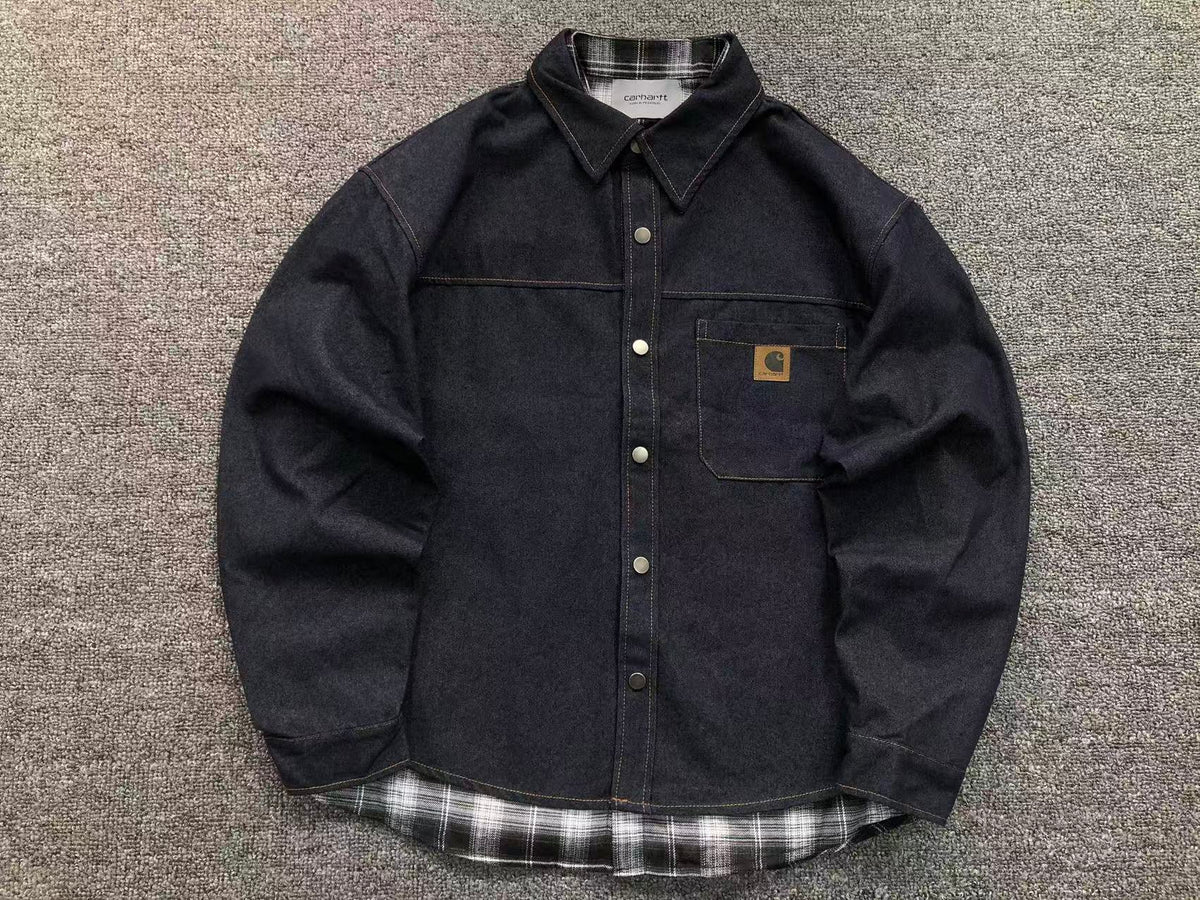 Dark denim shirt jacket with flannel lining, front