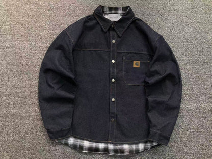 Dark denim shirt jacket with flannel lining, front