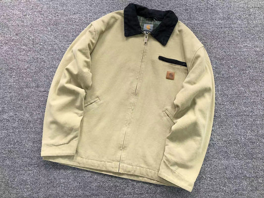 Cream washed canvas work jacket with corduroy collar, front
