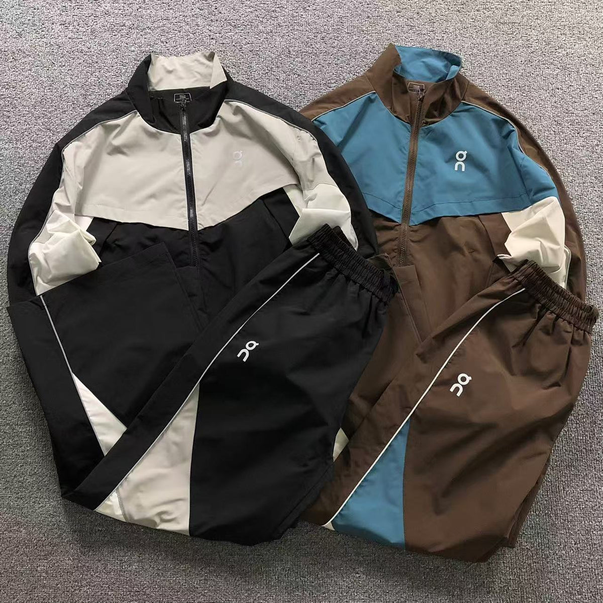 Colour block retro tracksuits in brown and black