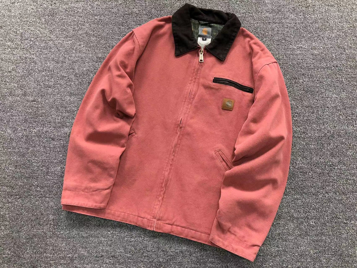 Coral washed canvas work jacket with corduroy collar, front