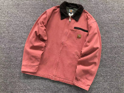 Coral washed canvas work jacket with corduroy collar, front