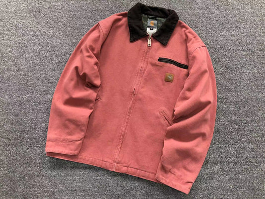 Coral washed canvas work jacket with corduroy collar, front