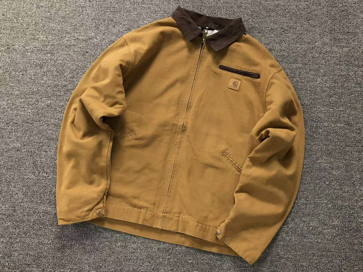 Mustard canvas work jacket with corduroy collar, front