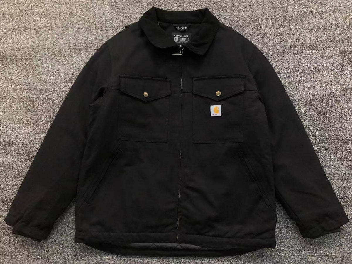 Black lined canvas work jacket, front