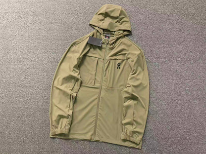 Khaki stretch hooded zip jacket with chest pocket