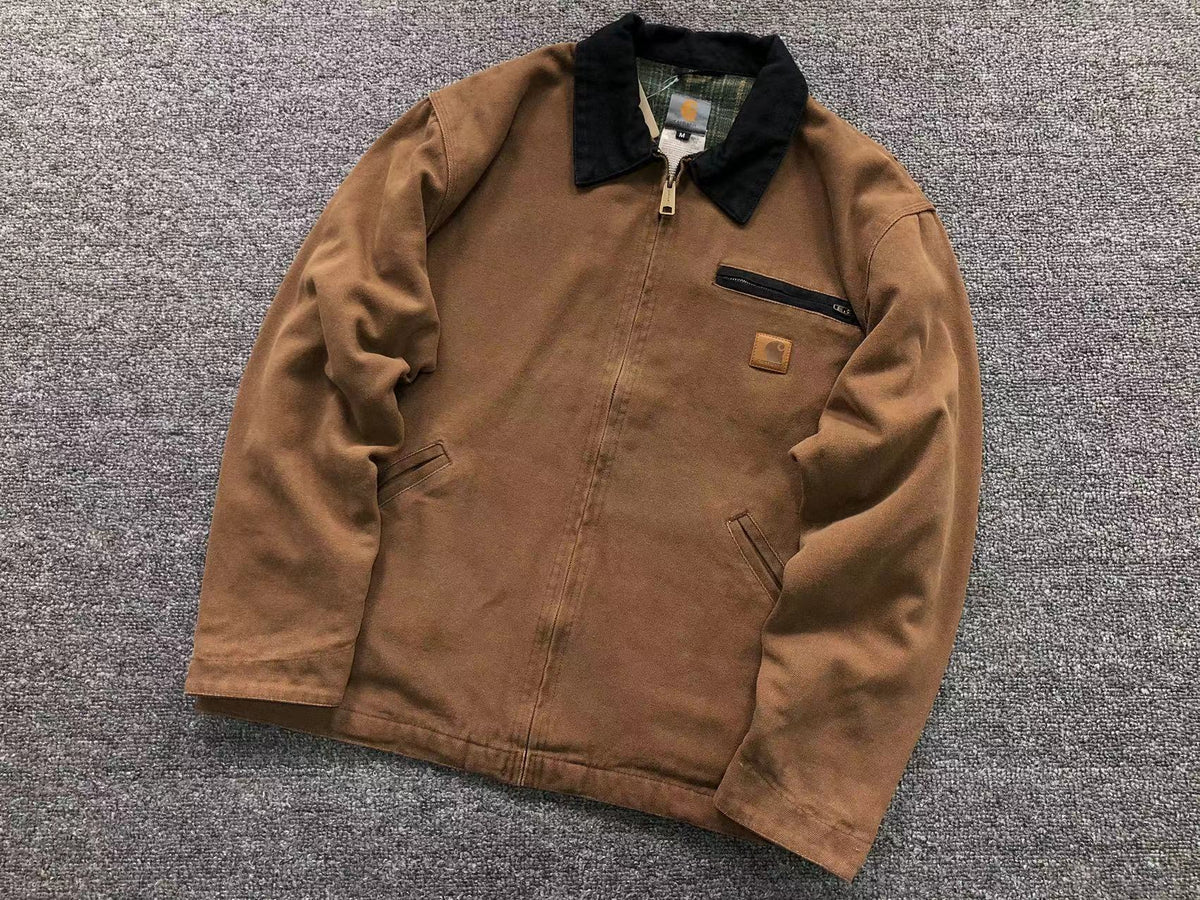 Brown washed canvas work jacket with corduroy collar, front