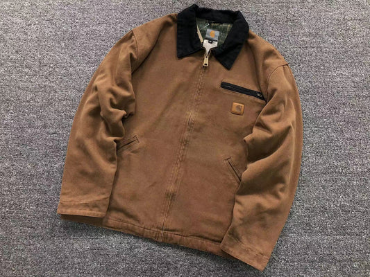 Brown washed canvas work jacket with corduroy collar, front