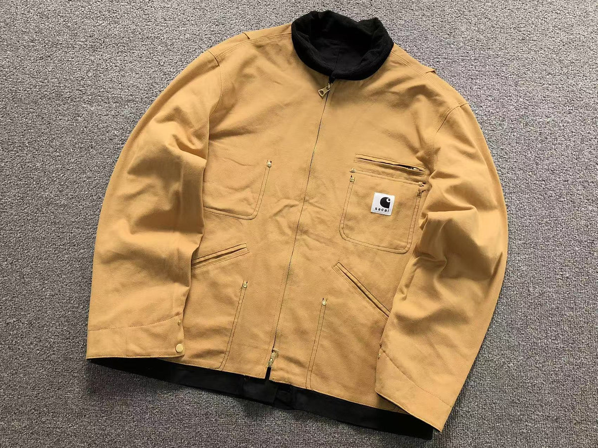 Tan zip work jacket with corduroy collar, front