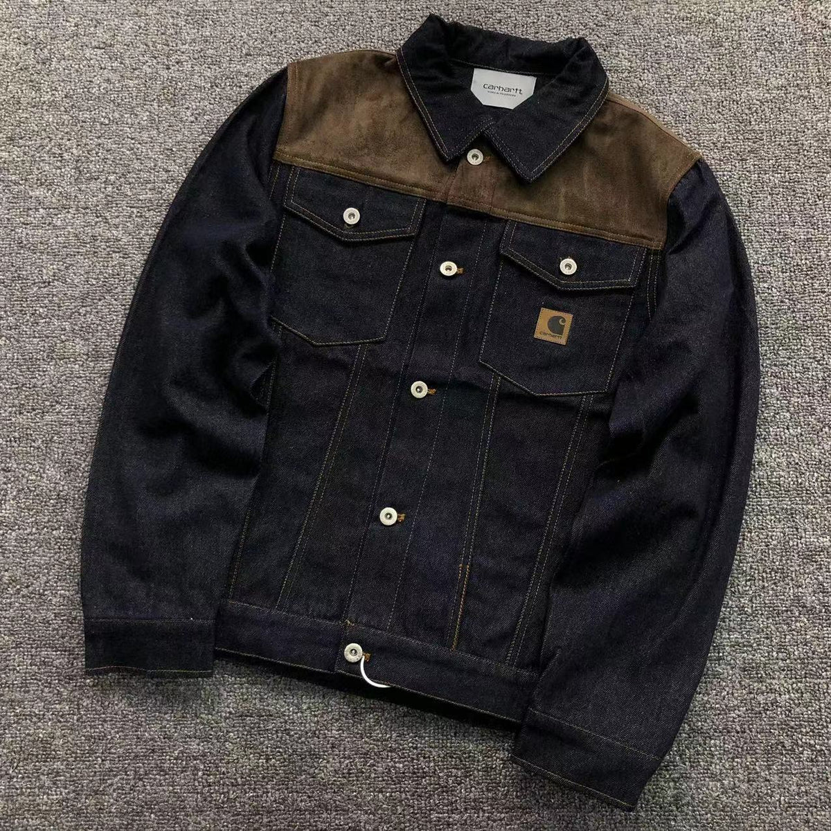 Dark denim trucker jacket, front