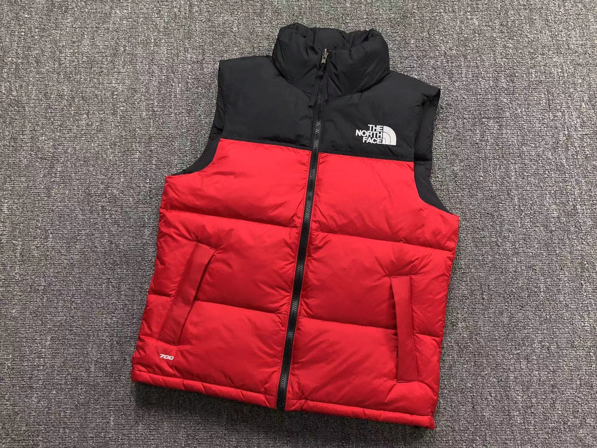Red puffer gilet, product view