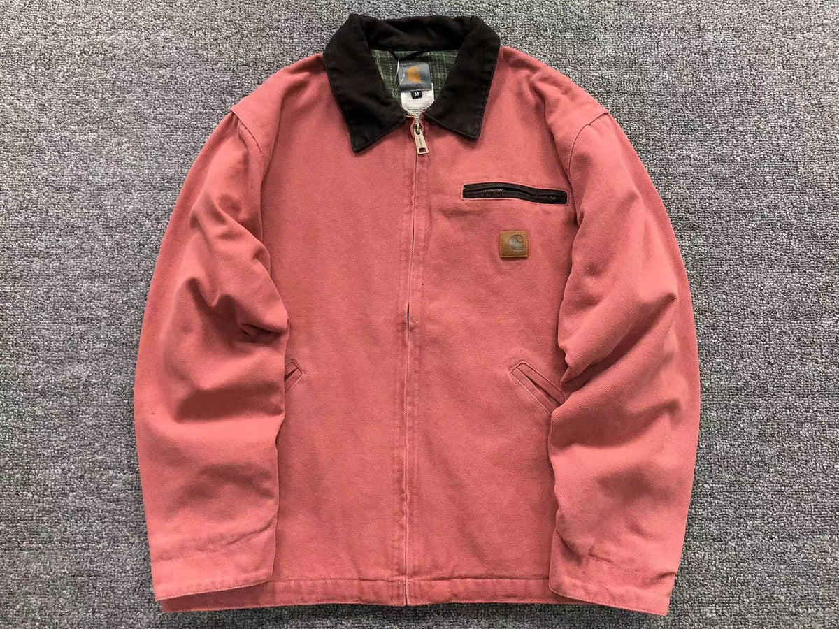 Coral washed canvas work jacket with corduroy collar, front