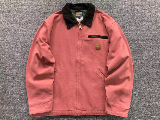 Coral washed canvas work jacket with corduroy collar, front