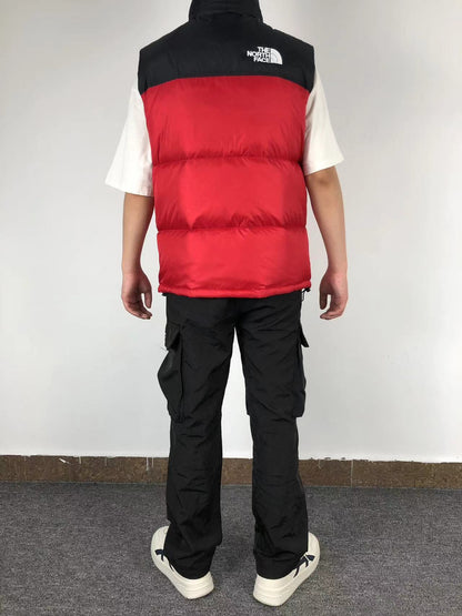 Red puffer gilet worn, back