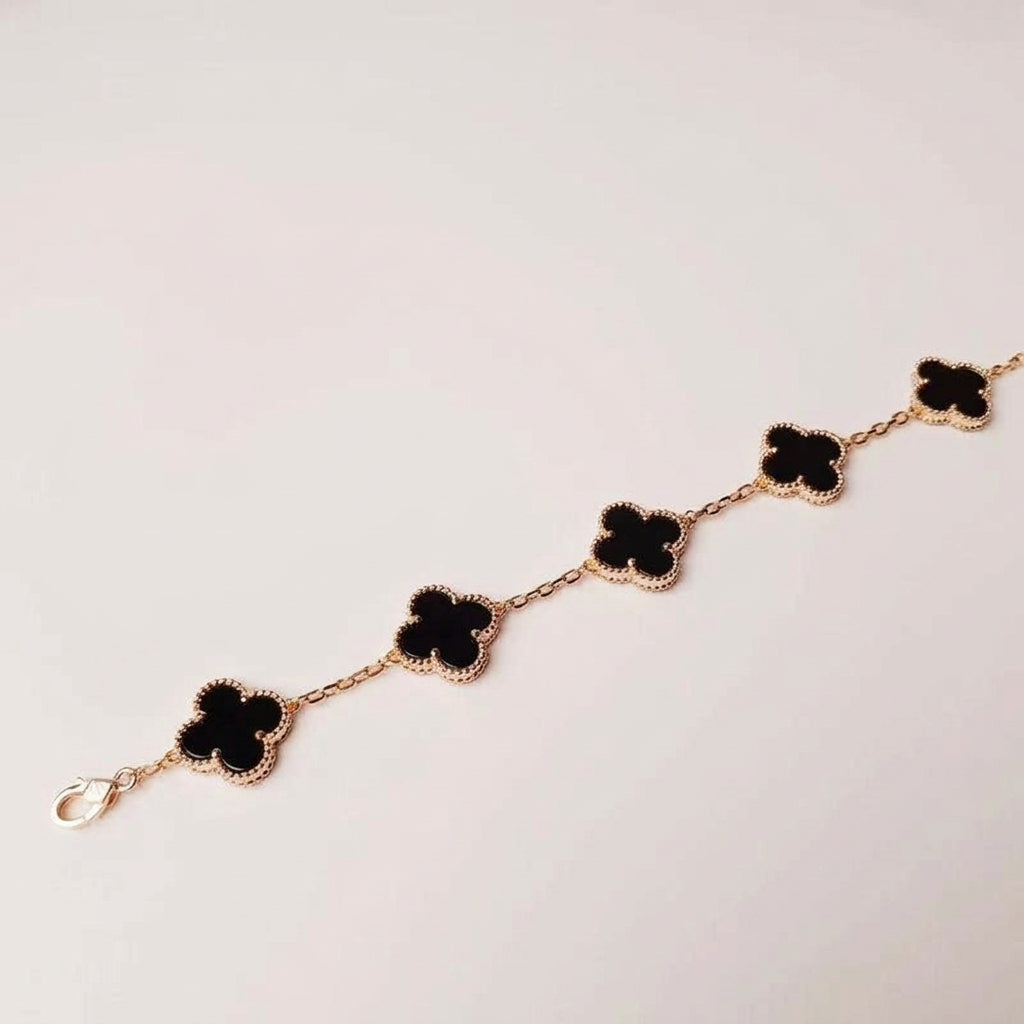 Black onyx and rose gold clover bracelet